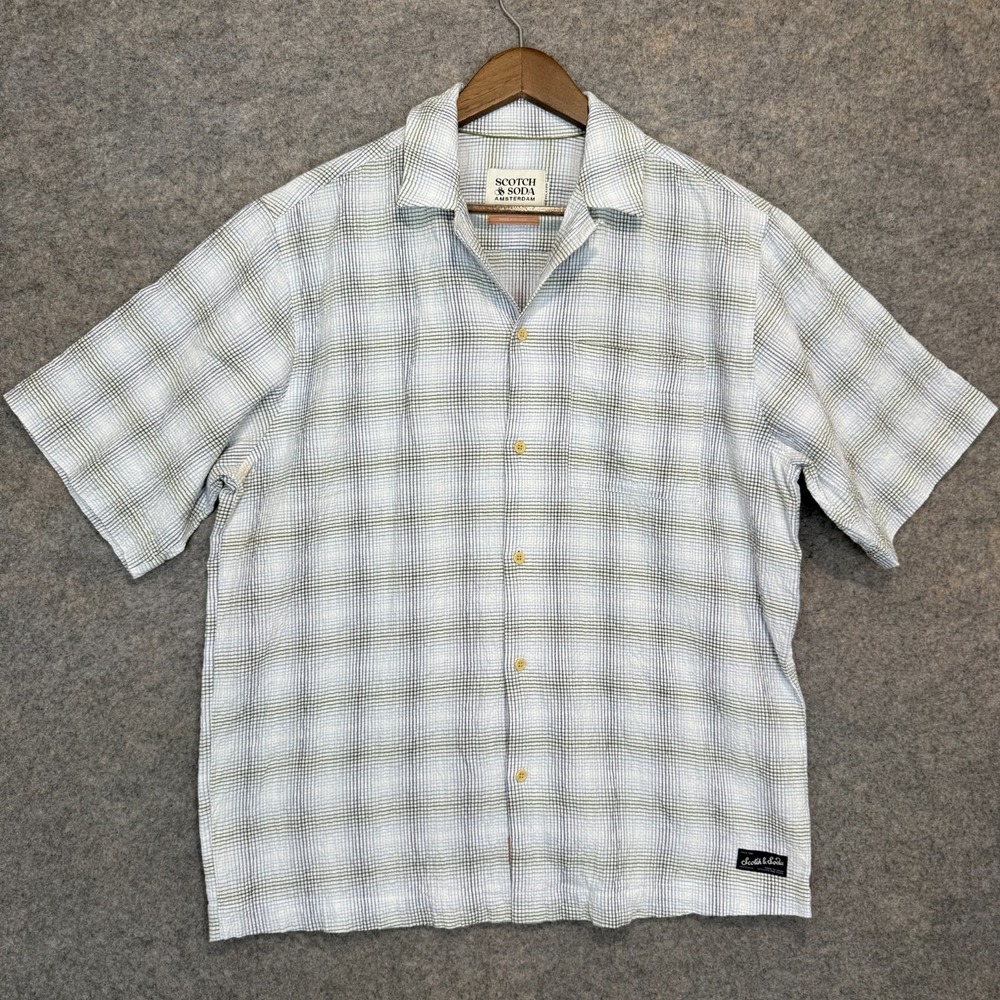 Scotch & Soda Seersucker Camp Button Shirt Mens Medium Relaxed Loop Collar Plaid